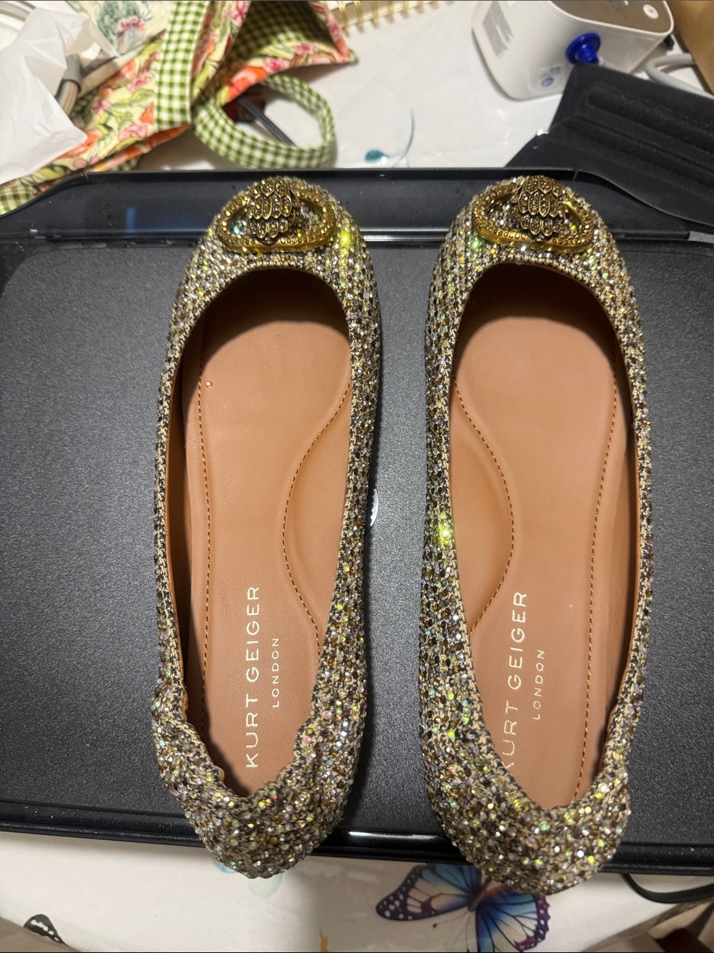 Kurt Geiger Gold Glitter Crystal-Embellished Ballet Flats